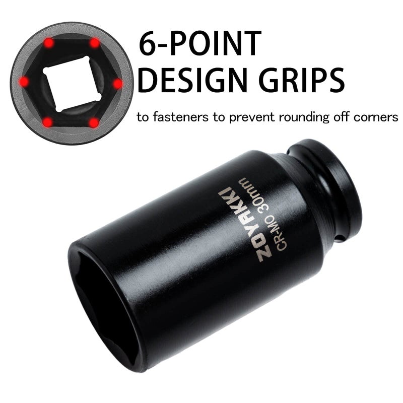 ZOYAKKI 1/2 "" Drive x 30 mm Deep 6 PT Impact Socket  CR-MO  1/2-inch Drive 6 Point Axle Nut Socket for Easy Removal of Axle Shaft Nuts (30MM) - Image 2